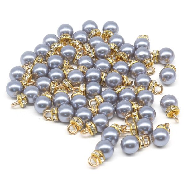 Пуговица-жемчужина 13L (8мм) на ножке со стразами, пластик (серый/серебро), 3AR094, 50 шт