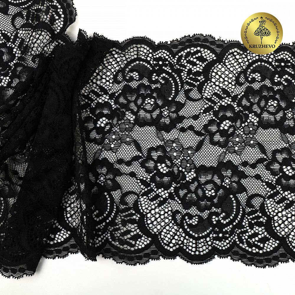 Кружево бельевое эластичное 190 мм / 10 м, 6392, цв.02 черный, Kruzhevo