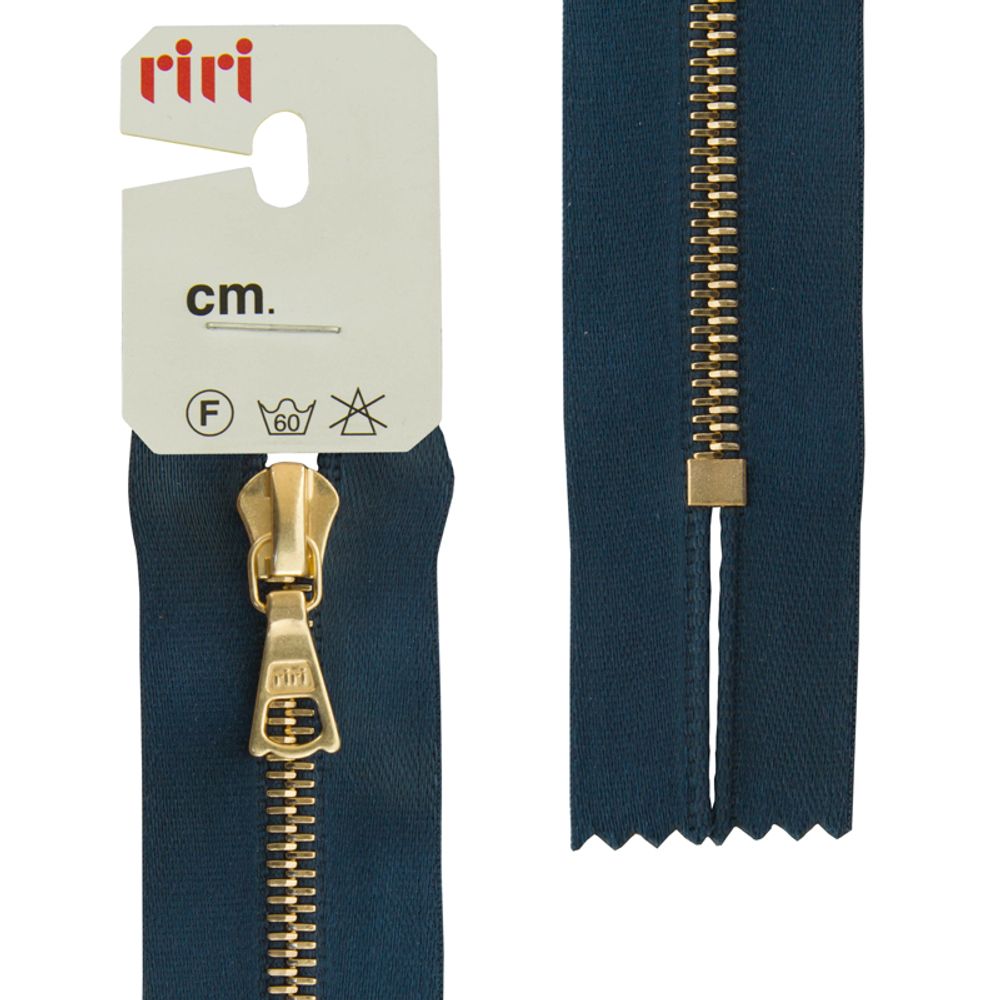 Молния металл RIRI Т4 (4 мм) Gold, н/раз., атлас. тесьма, 16 см, цв. тесьмы 2131, синий темн., упак. 5 шт /TOS/