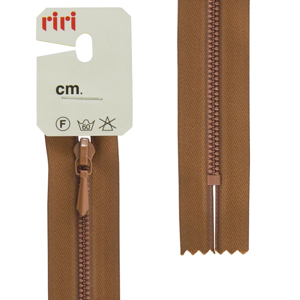 Молния металлическая RIRI Т3 (3 мм), слайд.Tropf, н/раз., крашеная, 18 см, цв. тесьмы 2209, св.коричневый, упак. 5 шт