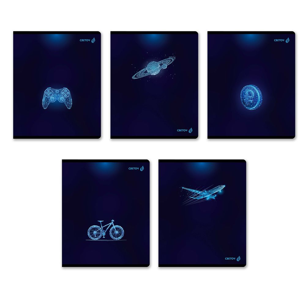 Тетрадь ученическая общая, глянцевая ламинация, A5+ 96 л. на скобе 65 г/м², белизна 100 %, 5 шт, клетка, 01000 Искра времени, Светоч 96Т15