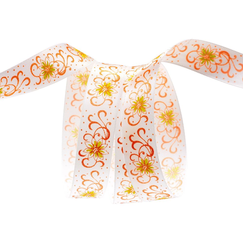 Лента атласная с надписью 20.0 мм / 22.5±1 метров, Цветочный узор, 029 белый, Globus