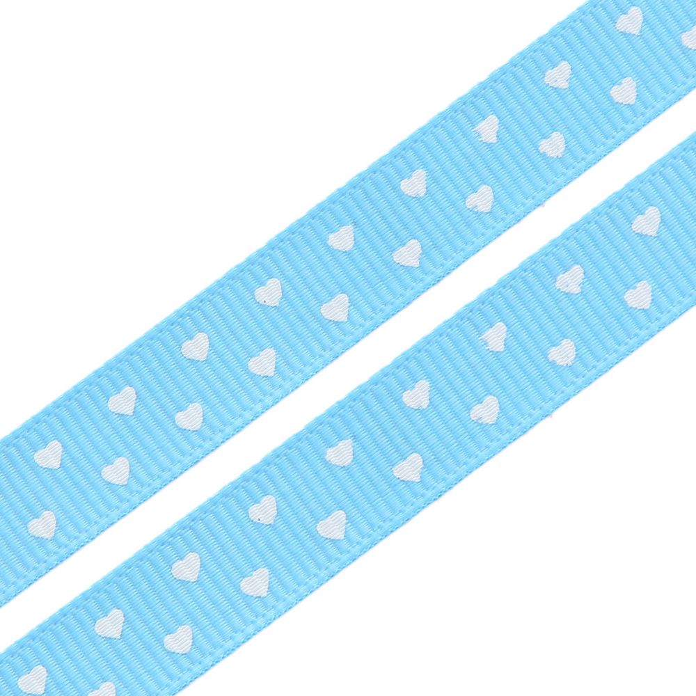 Лента репсовая (в рубчик) Сердечки мелкие, 10 мм, 3м, голубой