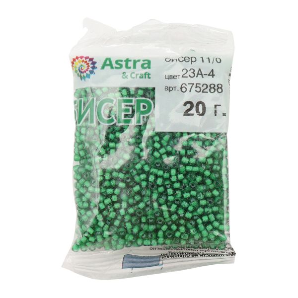 Бисер Astra&Craft 11/0 (2.1 мм), 200 г (10х20 г), цв. 23А-4 т. зеленый/прозрачный с цветным центром