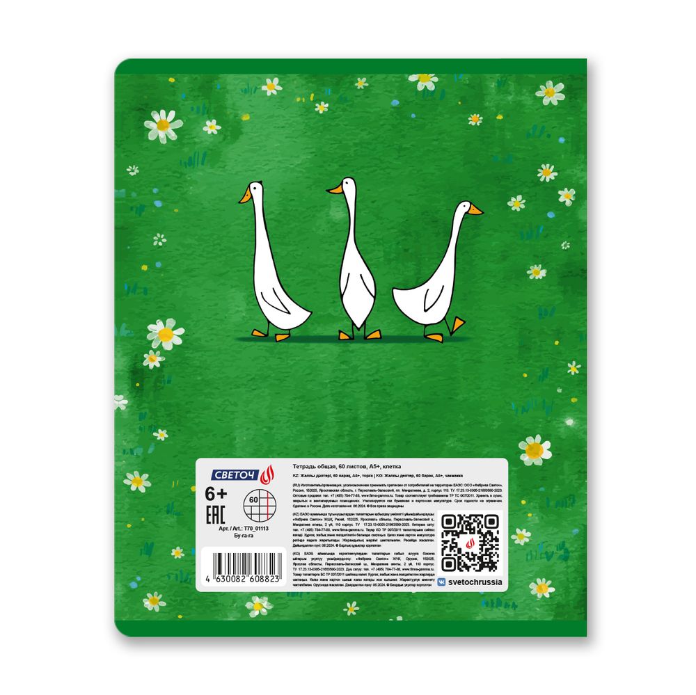 Тетрадь ученическая общая A5+ 60 л. на скобе 65 г/м², белизна 100 %, 10 шт, клетка, 01113 Бу-га-га, Светоч Т70