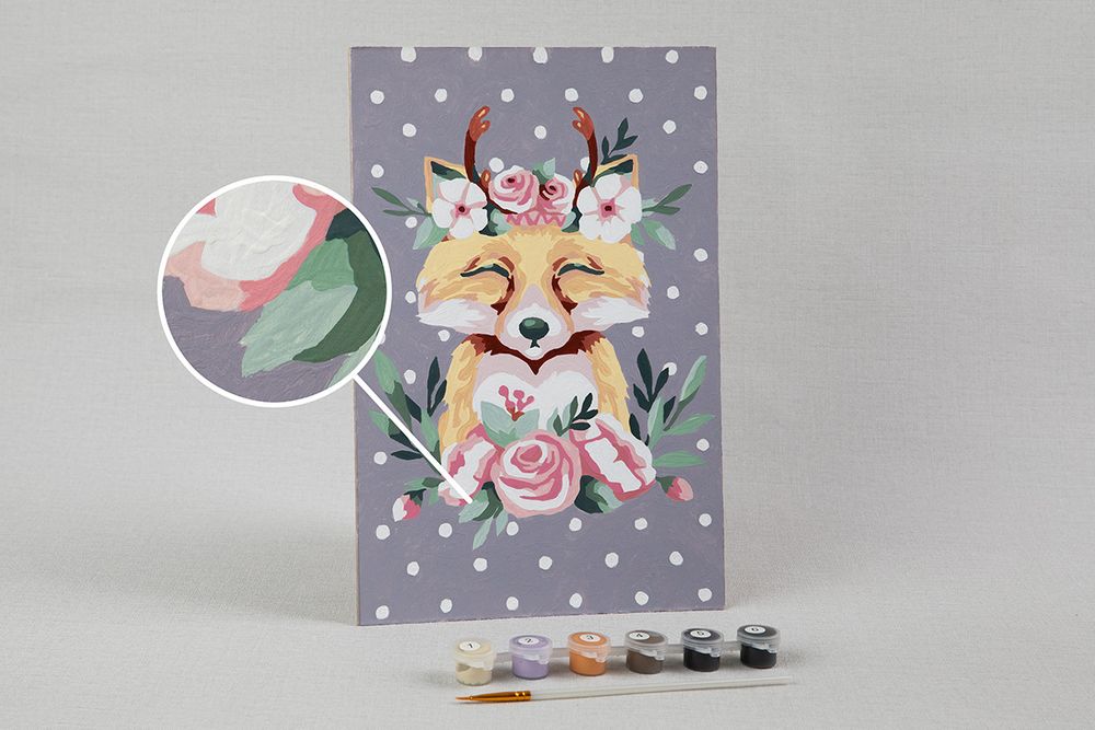 Картина по номерам Фрея, на картоне Лисичка в цветах, 20х30 см