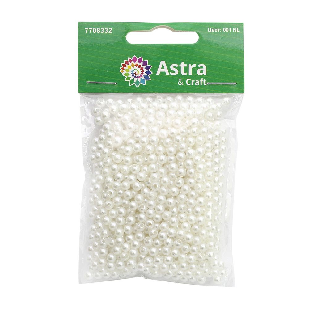 Бусины пластик (жемчуг) ⌀4 мм, 25 г, Astra&Craft, 001 NL белый