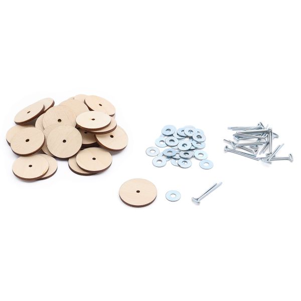 Набор креплений: диск из фанеры 30мм (30 шт), Т-шплинт 2,5х25мм (15 шт), шайба 4х12мм (30 шт)