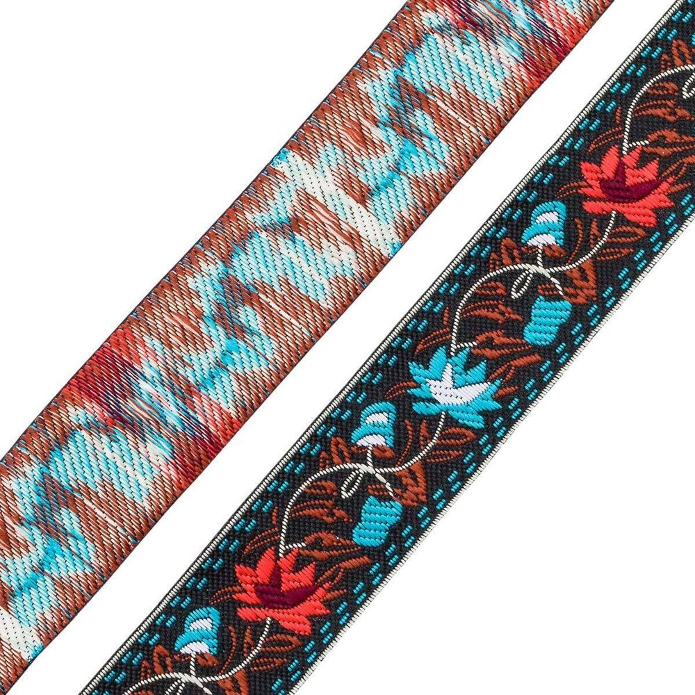 Лента (тесьма) жаккардовая 33.0 мм / 7 метров, алые/голубые цветы, 11820