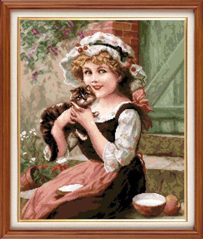 Гобелен Классик, Девочка с котенком, 31х37 см
