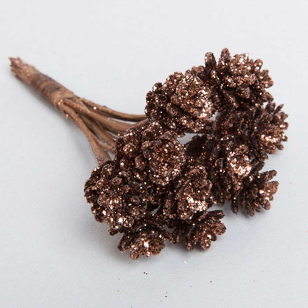 Шишки на проволоке с глиттером 2х2х10см, коричневый, 12 шт, 95220