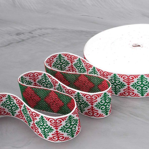 Лента (тесьма) жаккардовая 32.0 мм / 25 метров, Славянский орнамент Оберег, рис. 9788, белый / красный / зеленый, С3774Г17