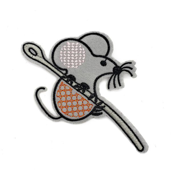 Термоаппликация вышитая Мышка с иголкой 11,2*7,6см (2 шт) (1 серый/розовый/оранжевый) 15829