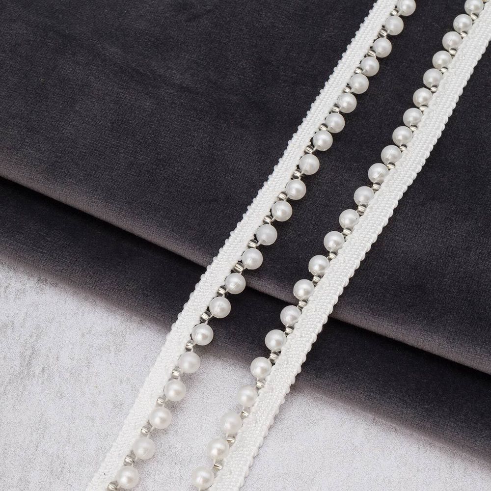 Кант декоративный с бусинами жемчуг и бисером 14 мм / 9.14 метра, белый, 3Al293