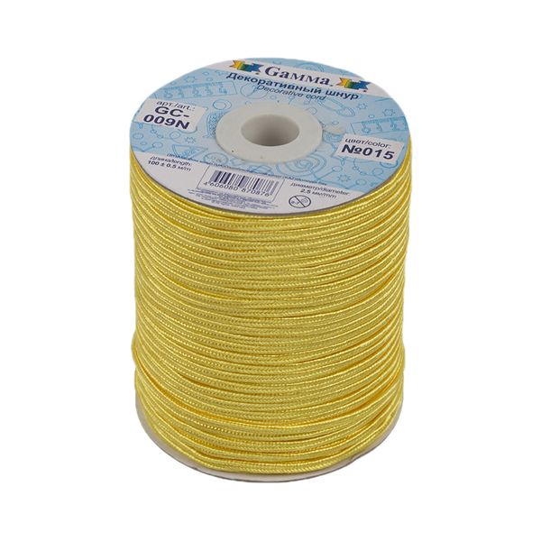 Шнур сутажный ⌀2.5 мм, 100 м,±0.5 м, 015 желтый, Gamma GC-009N