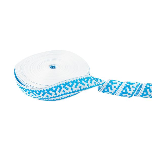 Лента (тесьма) жаккардовая 24.0 мм / 25 метров, Орнамент для северных народов, рис 9674 белый/бирюзовый, Gamma С3772