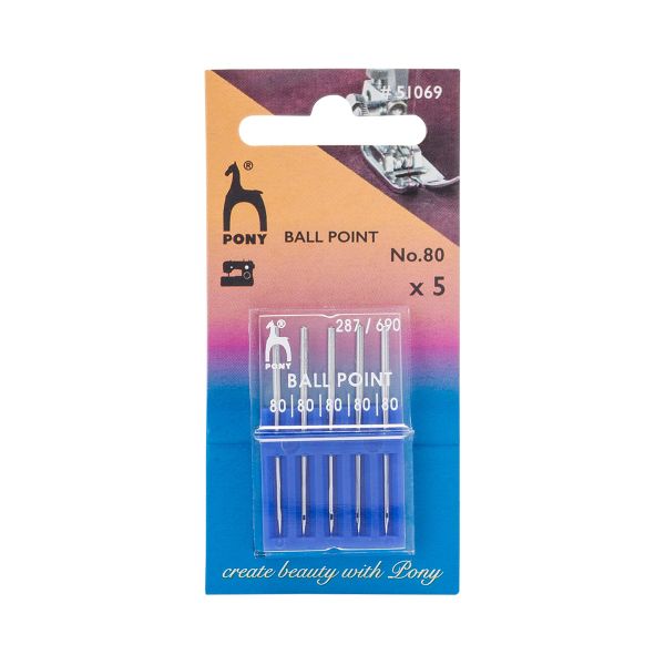 Иглы для промышленных швейных машин для трикотажа 287/690, №80 с круглой колбой, 5 шт, Pony, 51069