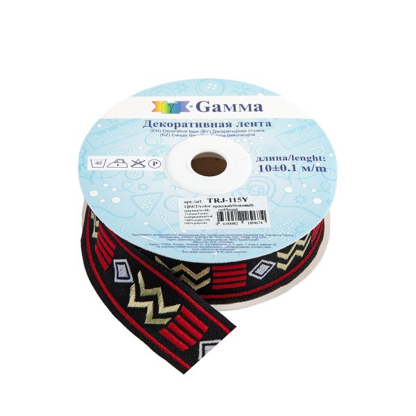 Лента (тесьма) жаккардовая 25.0 мм / 10±0.5 метров, красный/бежевый, Gamma TRJ-115Y