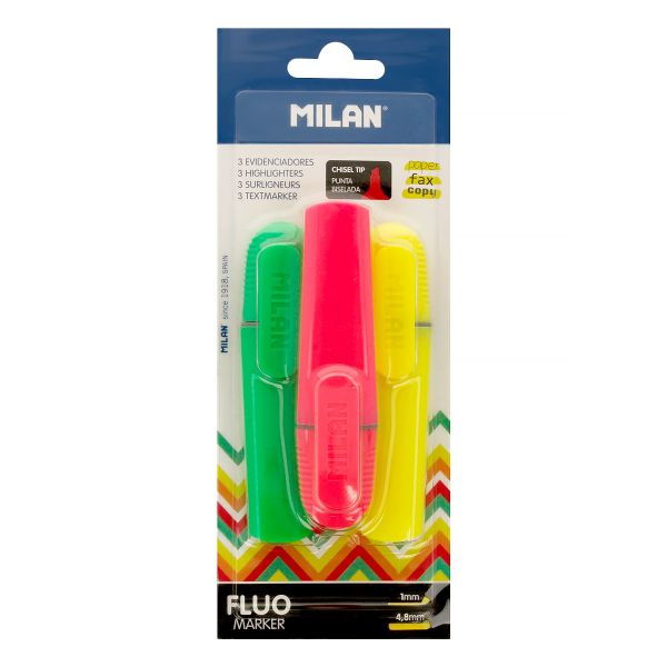 Набор флуоресцентных текстовыделителей в блистере 3 цв, BWM10033 желтый, зеленый и розовый, Milan