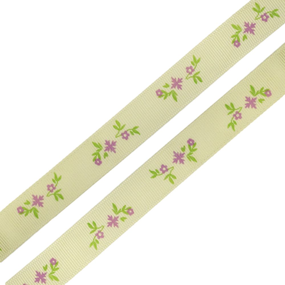 Лента репсовая (в рубчик) Веточки, 15 мм, 3м, бежевый