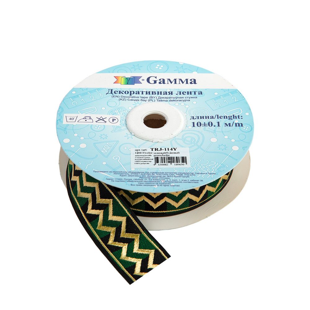Лента (тесьма) жаккардовая 25.0 мм / 10±0.5 метров, зеленый/бежевый, Gamma TRJ-114Y