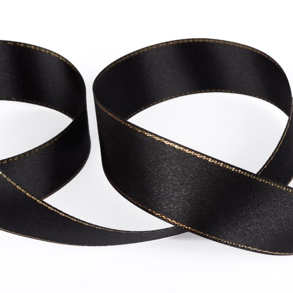 Лента атласная 2-сторонняя с метанитью 25.0 мм / 33±2 метра, 113 черный/золото, Gamma AL-25M