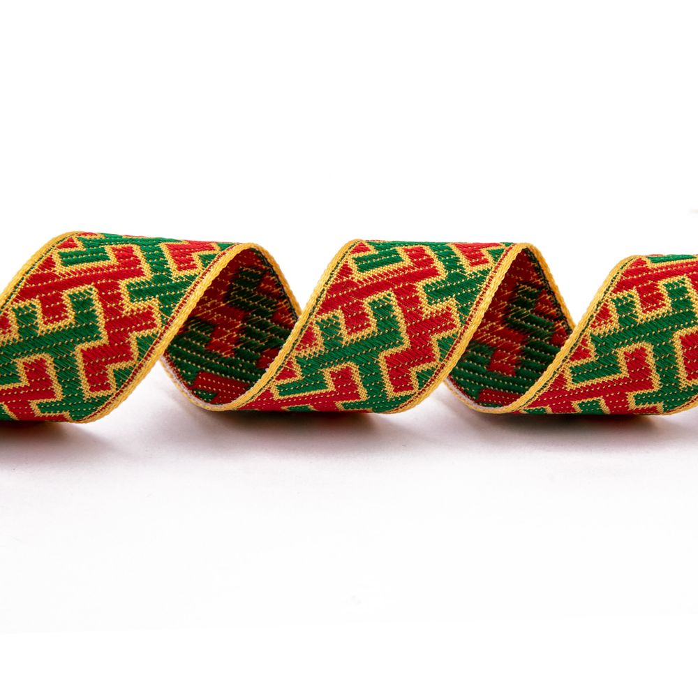 Лента (тесьма) жаккардовая 24.0 мм / 25±1 метров, рис.9615, Орнаменты и узоры народов севера, желтый-красный-зеленый, Gamma С3772Г17 рис.9615