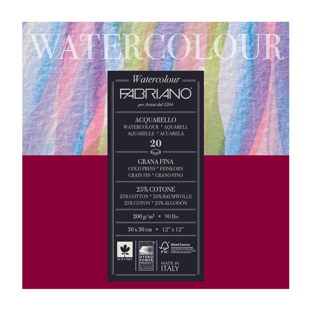 Альбом для акварели Watercolour 200 г/м², 30х30 см, склейка с четырех сторон 20 л, среднезернистая, Fabriano
