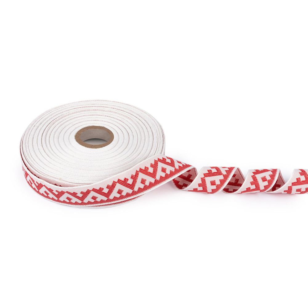 Лента (тесьма) жаккардовая 24.0 мм / 25±1 метров, Орнамент для северных народов, рис 8621 белый-красный, Gamma С3772