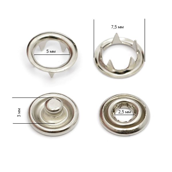 Кнопка рубашечная (джерси) открытая ⌀7.5 мм, ≈1440 шт, ЛАТУНЬ, крашеная эмаль цв.никель, TBY