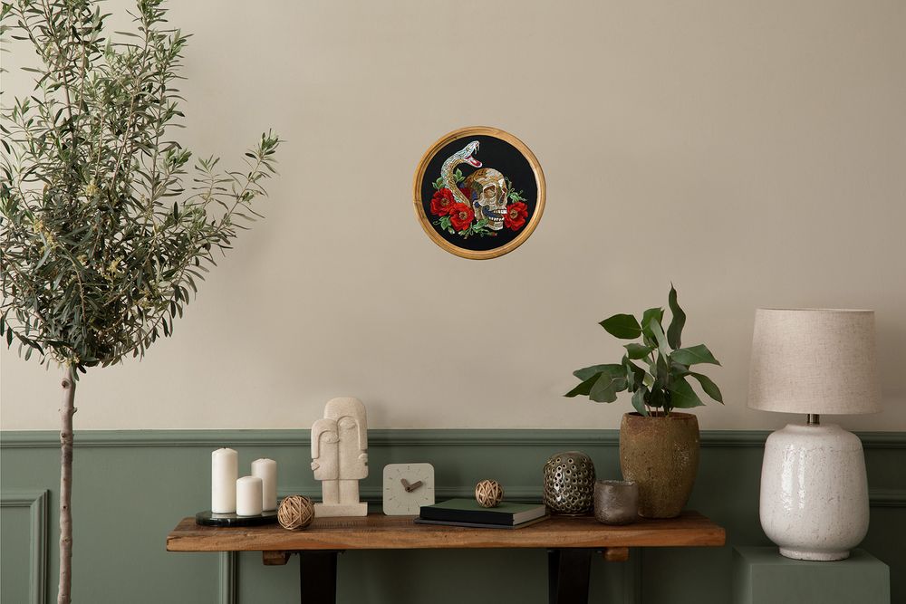 Набор для вышивания нитками Panna Живая картина JK-2334, Череп со змеей, 18х18.5 см