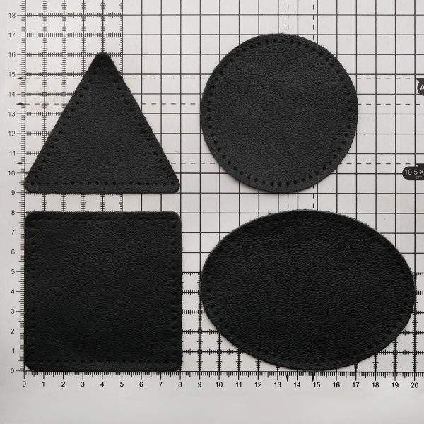 Набор заплаток пришивных из кожи, круг, квадрат, треугольник, овал 8см, с перфорацией, 4 шт (01 черный), 9743