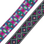 Лента (тесьма) жаккардовая 33.0 мм / 7 метров, черный с малиновыми цветами, 11830