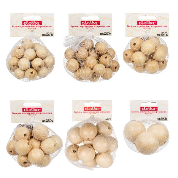 Бусины дерево ⌀18, 20, 22, 26, 30, 40 мм, микс, 6 видов, ассорти, микс HBWS 02