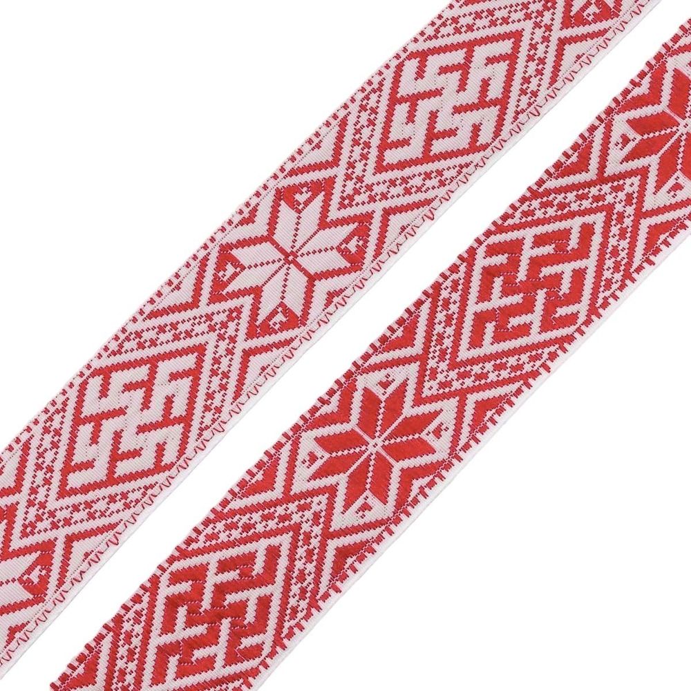 Лента (тесьма) жаккардовая 36.0 мм / 25±1 метров, Славянский орнамент Оберег, рис.9463 (белый/красный) С3806Г17