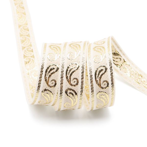 Тесьма декоративная металлизированная Пейсли 15 мм / 25 метров, 15006 белый/золото