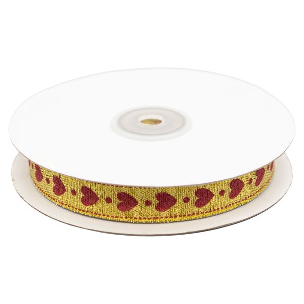 Лента декоративная Сердечки, DM-011, 15.0 мм / 32,9м золото/красный