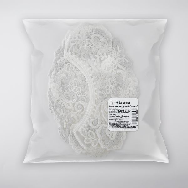 Пришивной кружевной воротник 100 мм, на сетке, 5 пар, Турция, белый/под серебро, Gamma VKRM-27-03