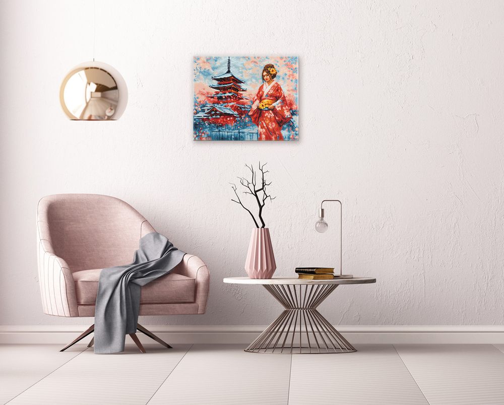 Алмазная (кристальная) мозаика Фрея ALPD-273, на подрамнике Японка у пагоды, 50х40 см