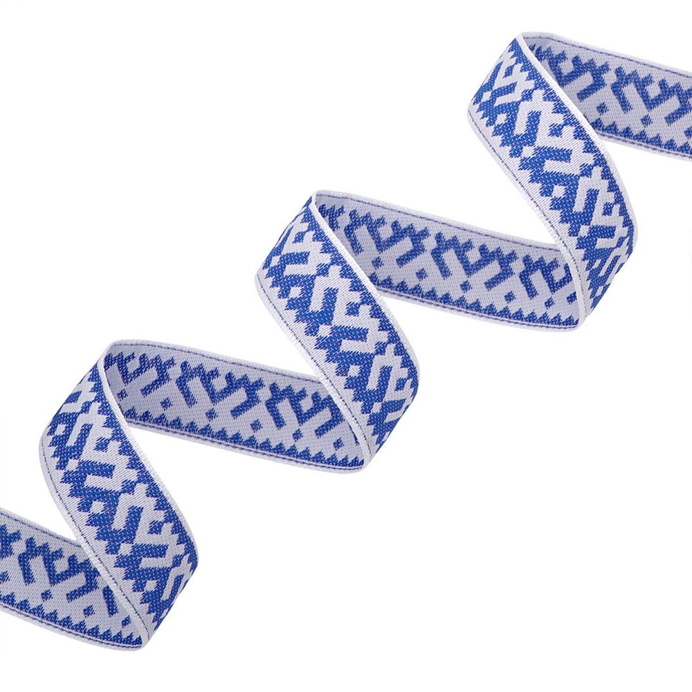 Лента (тесьма) жаккардовая 24.0 мм / 25 метров, Славянский орнамент Оберег, рис.9674, белый/синий, С3772Г17