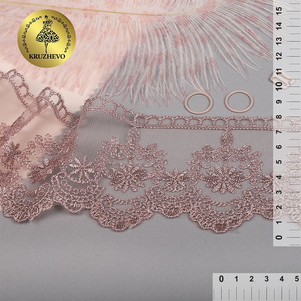 Кружево на сетке 80 мм, диз. 232, цв.N6615 розовая пудра уп. 13 м, Kruzhevo