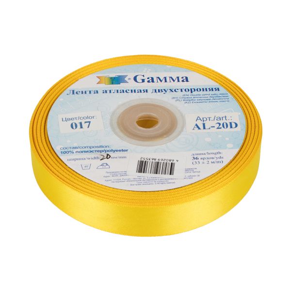 Лента атласная 2-сторонняя 20.0 мм / 33±2 метра, №017 т.желтый, Gamma AL-20D