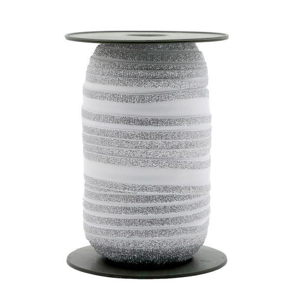 Резинка декоративная металлик 24.0 мм / 25 метров, белый/серебро, S090301