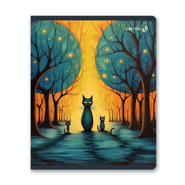 Тетрадь ученическая общая, матовый сплошной лак+запечат.форзац+титул лист A5+ 48 л. на скобе 65 г/м², белизна 100 %, 10 шт, клетка, 01122 Загадочные коты, Светоч Т76