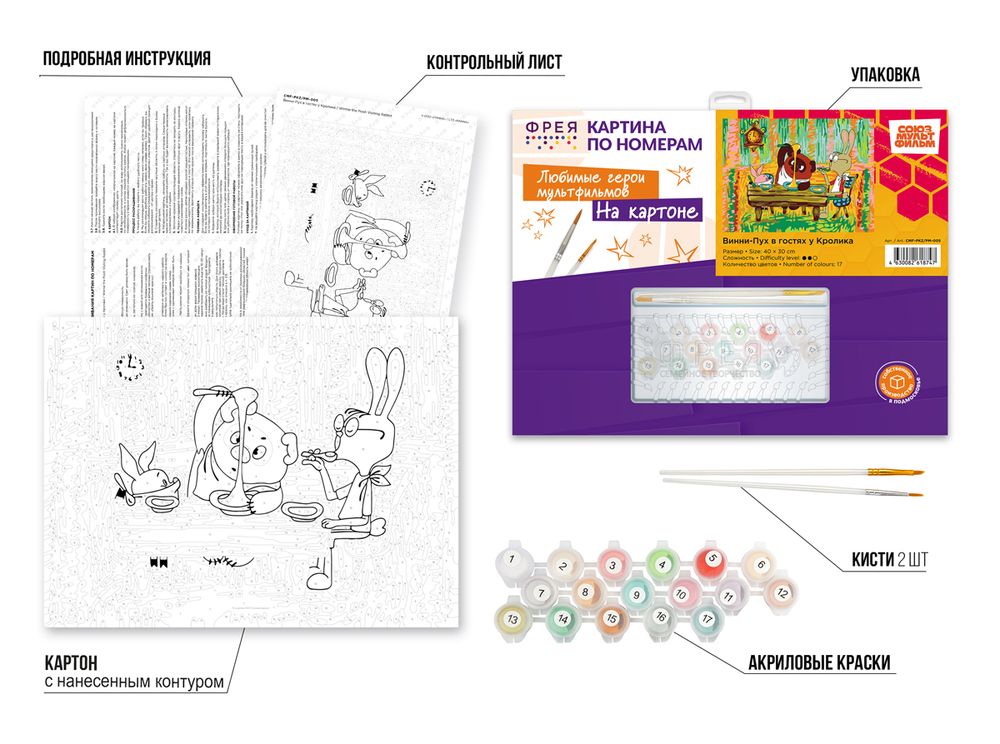 Картина по номерам Фрея, Союзмультфильм. Винни-Пух в гостях у Кролика, на картоне, 40х30 см
