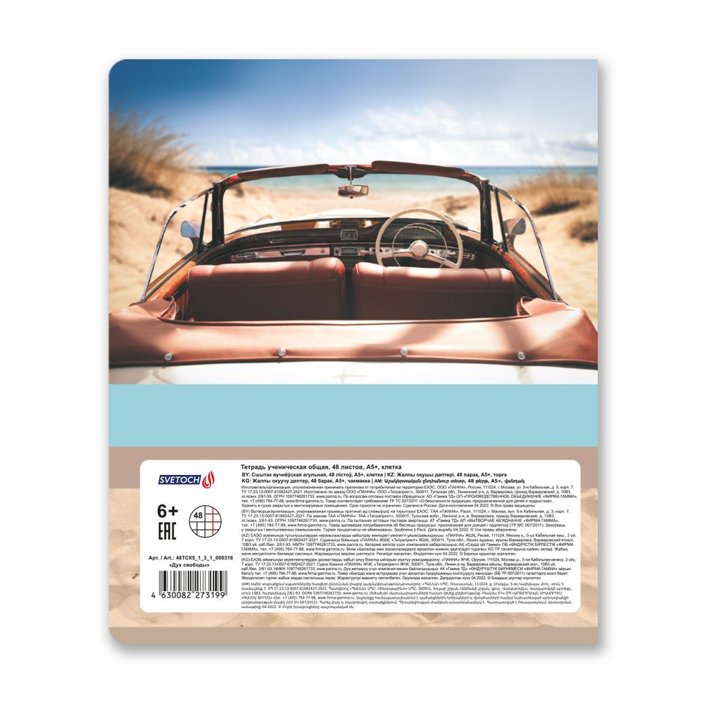 Тетрадь ученическая общая A5+ 48 л. на скобе, белизна 100%, 10 шт, клетка, 000318 Дух свободы, Светоч 48ТСК5_1_3_1