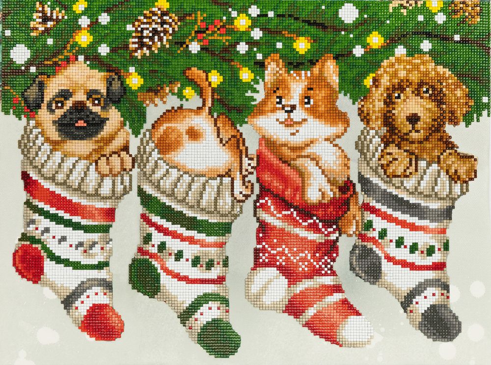 Алмазная (кристальная) мозаика Фрея, на подрамнике Щенки в носках, 40х30 см