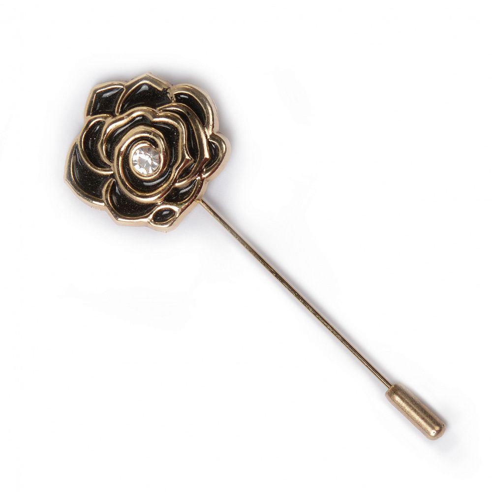 Булавка шляпная металл Роза со стразой, цв. золото/черный, уп. 5шт