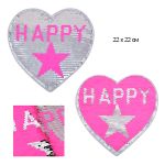 Аппликация пришивная Сердце Happy с двусторонними пайетками 22х22 см цв. роз/серебро уп. 2 шт