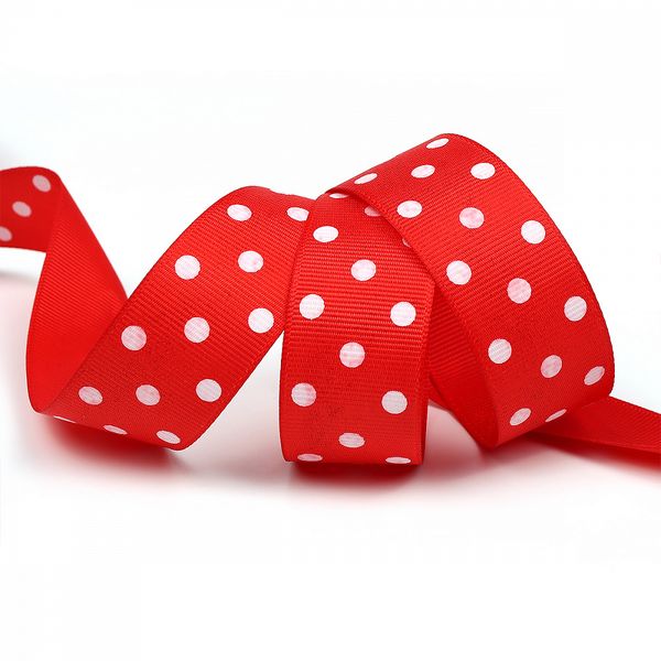 Лента репсовая (в рубчик) 25.0 мм / 27.4±2 метров, LDRG23502925 крупный горошек, красный-белый